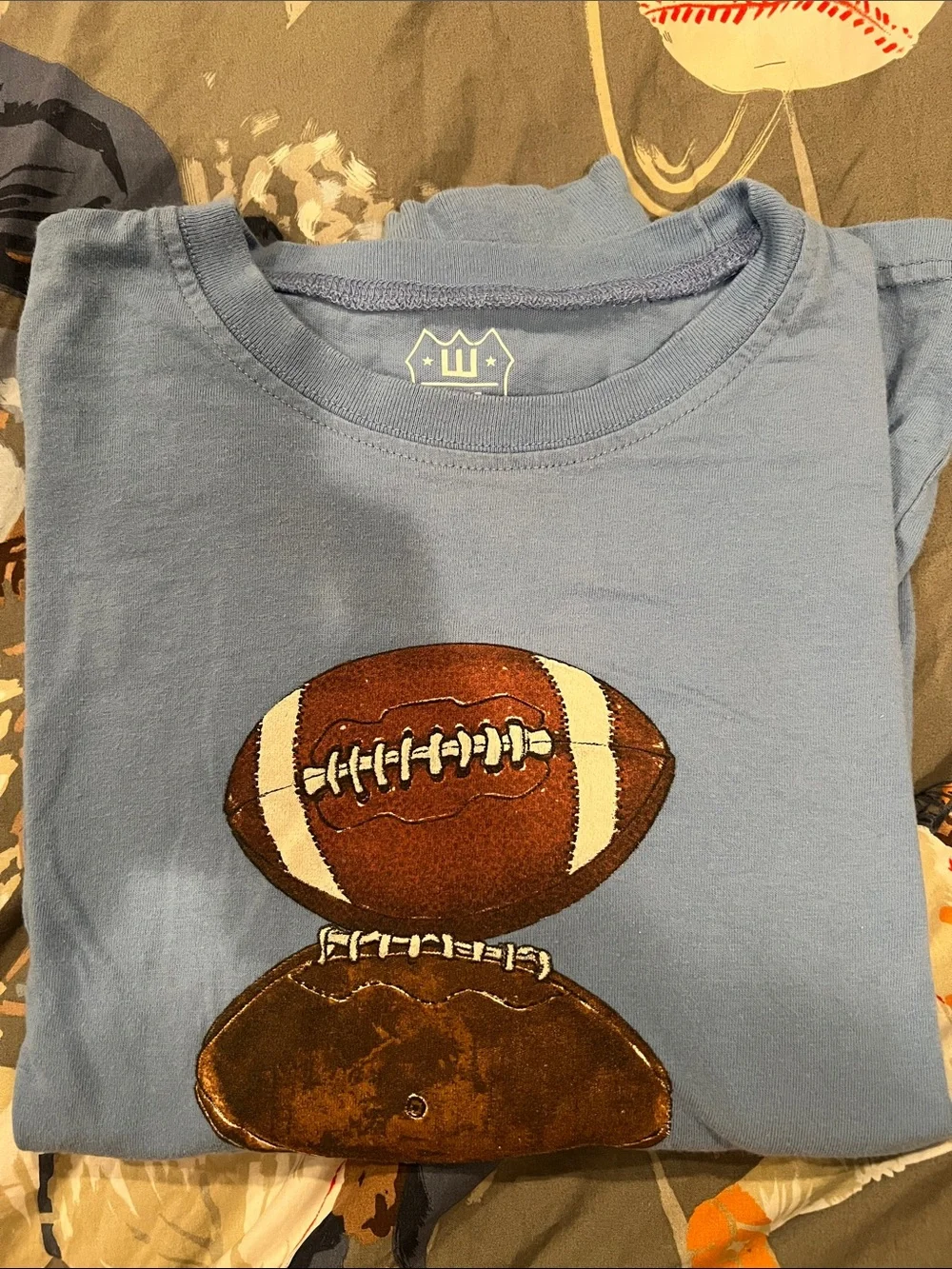 Wes and Willy Light Blue Long-Sleeve Graphic Football Shirt, size 7